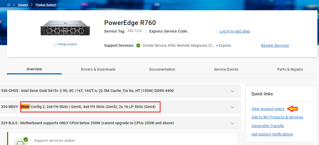 Ejemplo de configuración de tarjeta elevadora para PowerEdge