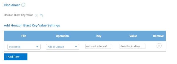 Dodaj usb.quirks.deviceX=0xvid:0xpid allow at /etc/vmware/config do pary klucz-wartość Horizon Blast