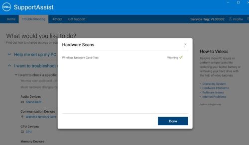 SupportAssistワイヤレス ネットワーク カード テスト警告