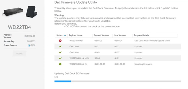 Dell 擴充基座 MST 韌體更新失敗錯誤訊息