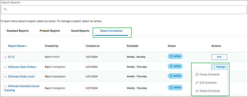 Manage Saved Reports