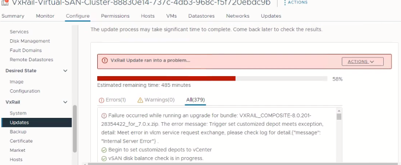 Screenshot des Upgradefehlers