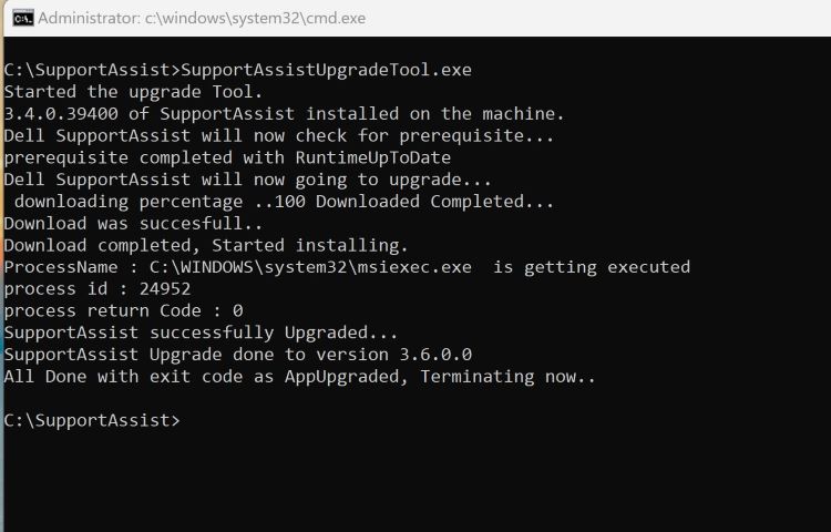Escriba SupportAssistUpgradeTool.exe en el símbolo del sistema