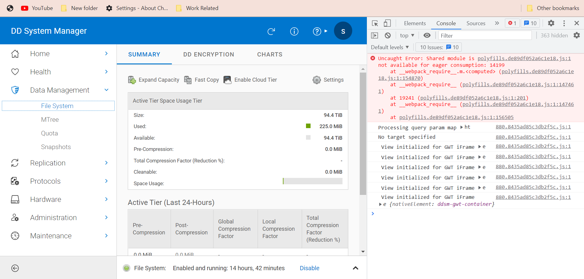 Schermata di DD System Manager con la console degli strumenti di sviluppo del browser aperta a destra