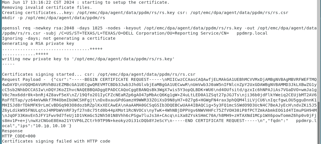 Output setup_ppdm_certificate.sh non riuscito