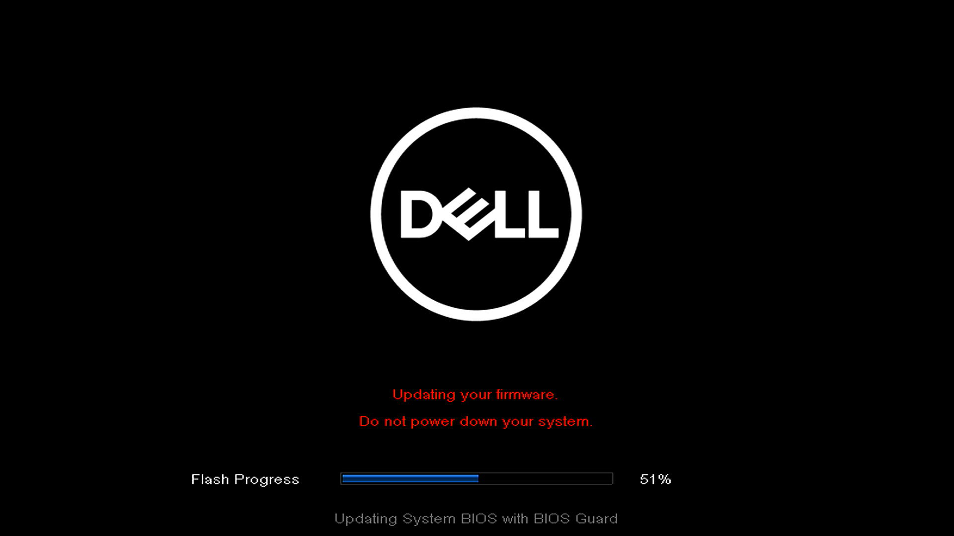 Schermata nera con il logo Dell che mostra l'avanzamento dell'installazione del BIOS
