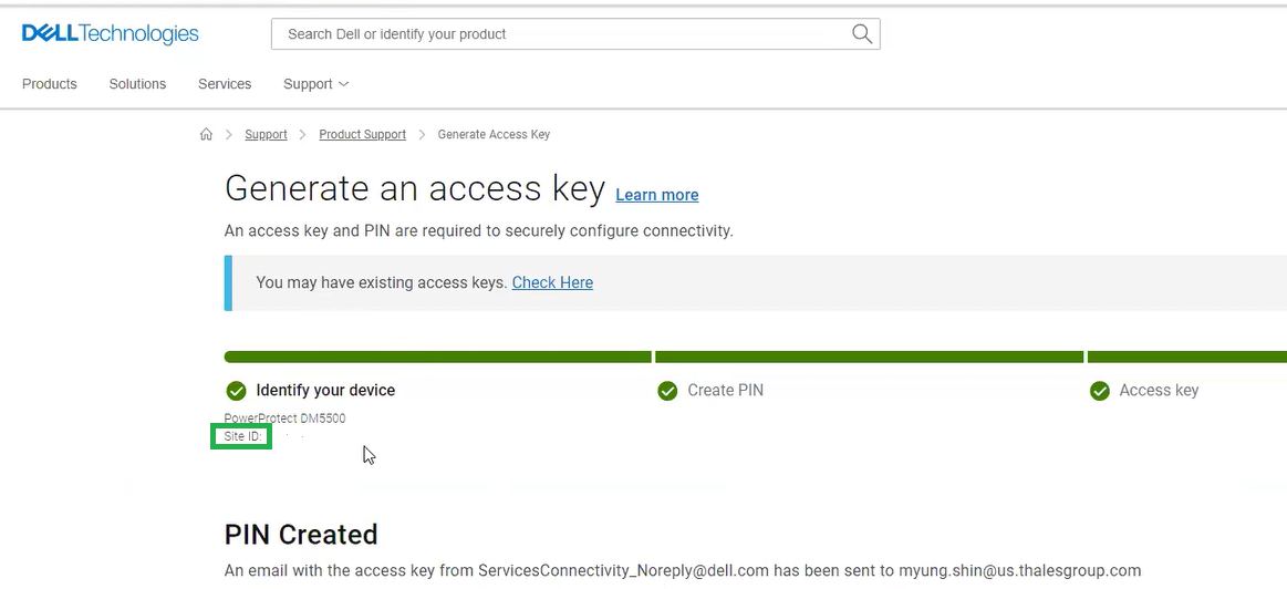 Screenshot of Access Key generated from the Site ID