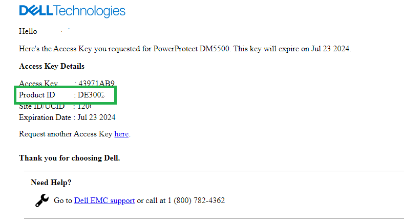 Example of email with Access Key generated by the Product ID