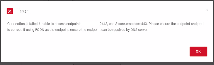 Screenshot of error message, Connection is failed:&nbsp;Unable to access endpoint.&nbsp;