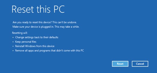 Windows 11, Réinitialiser les informations et le bouton de réinitialisation du PC
