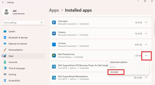 Schermata di disinstallazione di Windows 11