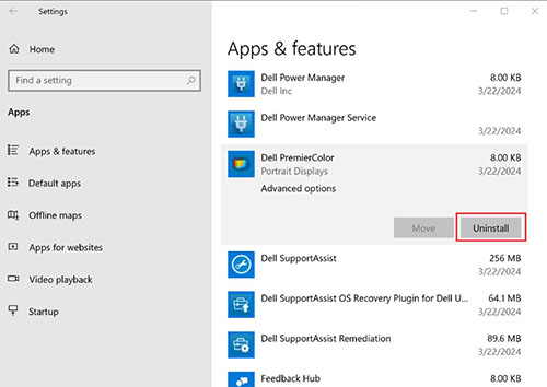 Windows 10のアンインストールのスクリーンショット