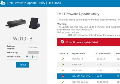 Aktualizace firmwaru NVM dokovací stanice WD19TB se nezdařila