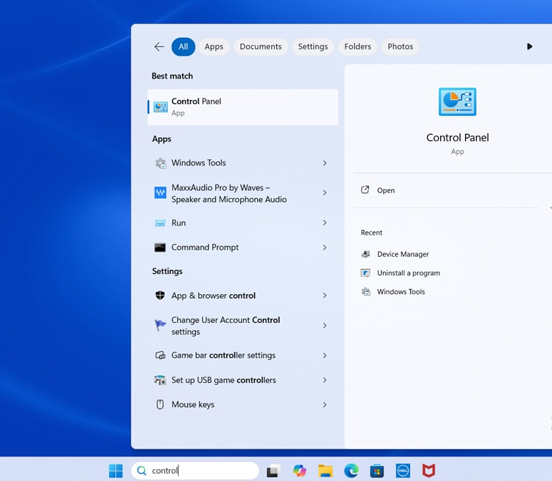 Wyszukiwanie w systemie Windows, Panel sterowania
