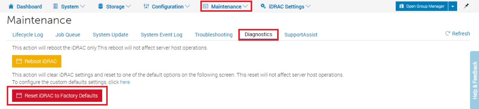 iDRAC maintenance menu
