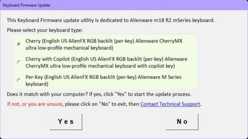 Menu di selezione del tipo di tastiera di Alienware m18 R2