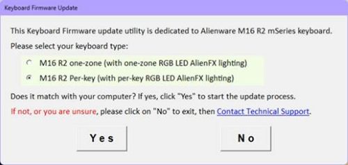 Menu di selezione del tipo di tastiera di Alienware m16 R2