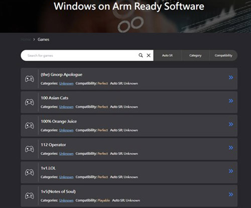 Captura de pantalla de juegos de Windows on Arm Ready Software