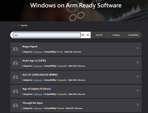 Captura de pantalla de búsqueda de juegos de Windows on Arm Ready Software