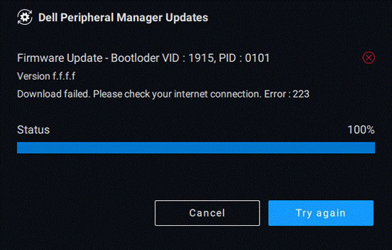 Сообщение об ошибке сбоя скачивания Dell Peripheral Manager Update