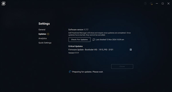 Сообщения об ошибках критического обновления при обновлении Dell Peripheral Manager