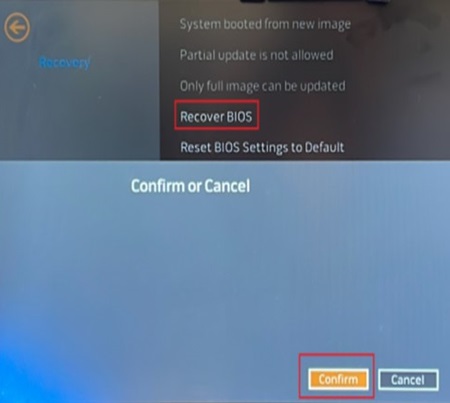 Na stránce obnovení vyberte možnost Recover BIOS a vyberte možnost Confirm.