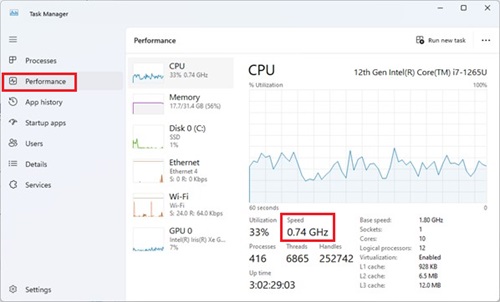 工作管理員中的 CPU 頻率降至低於 1 GHz