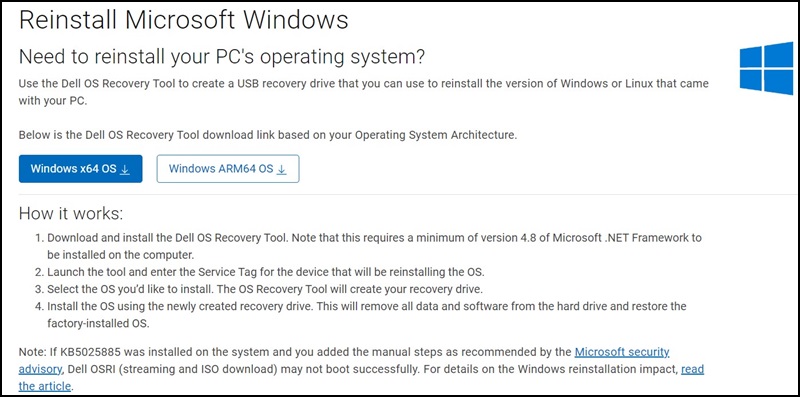 Dell.com Site de téléchargement Réinstaller Microsoft Windows