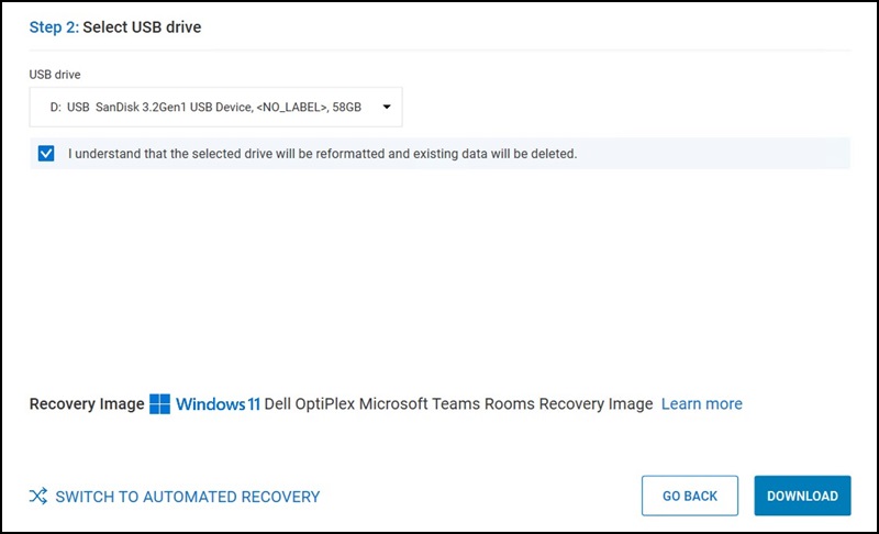 Dell OS Recovery Tool, sélection de la clé USB