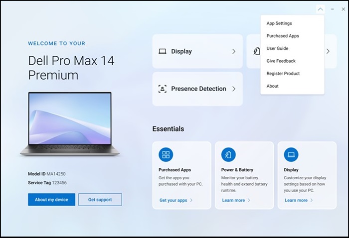 Hauptmenü von Dell Optimizer 6: Wählen Sie Erworbene Apps