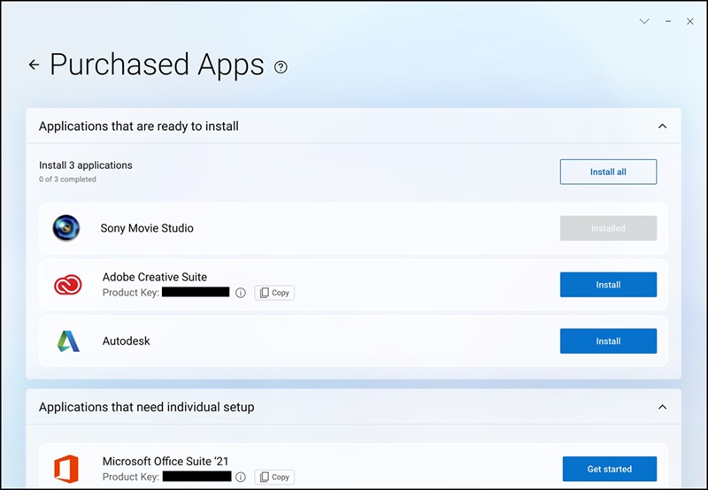Menú de aplicaciones compradas de Dell Optimizer 6, software instalado