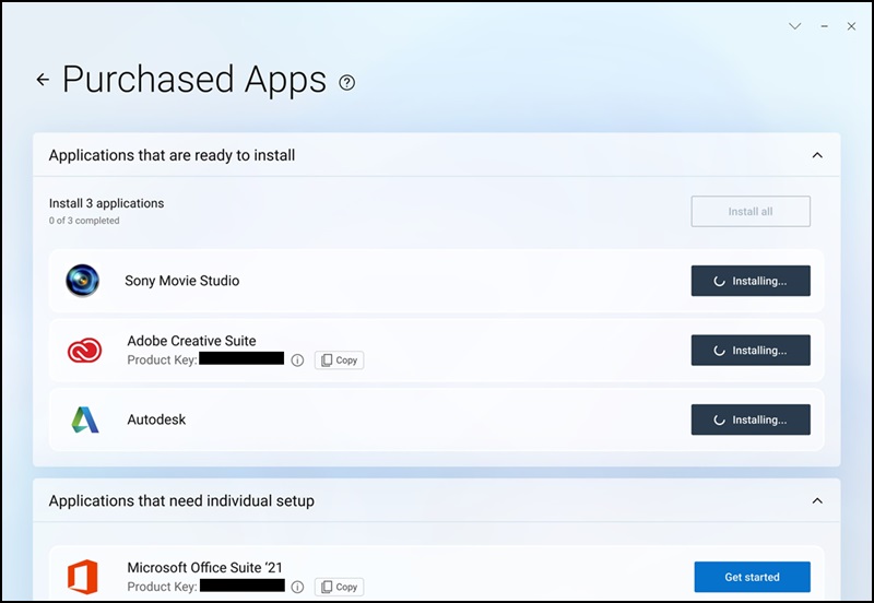 Dell Optimizer 6 Meny för köpta appar, alternativet Installera alla har valts