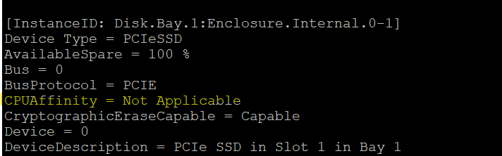 checking the PCIe SSD status through racadm in iDRAC, the CPU affinity shows as Not Applicable