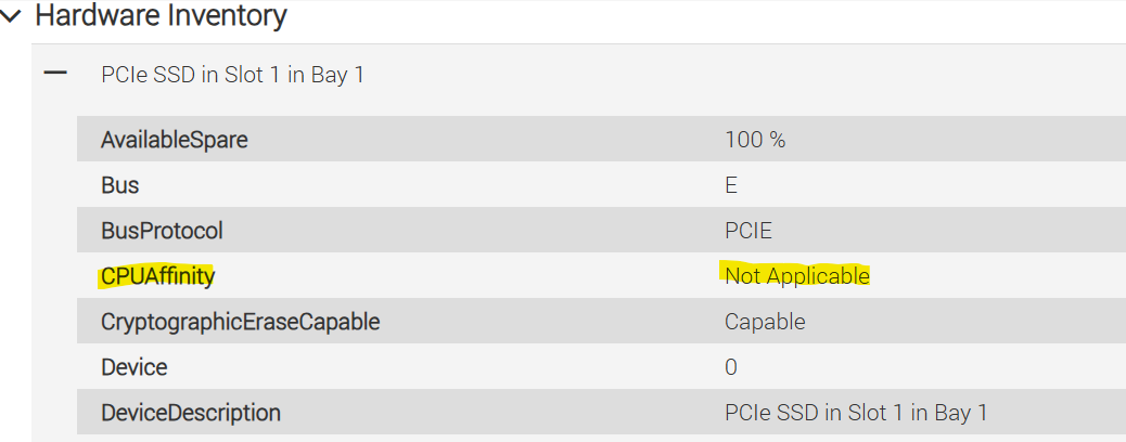 checking the PCIe SSD status through "Hardware inventory" in iDRAC, the CPU affinity shows as Not Applicable