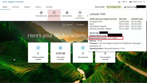 La version de SupportAssist peut être vérifiée en cliquant sur l’étiquette de service de l’écran d’accueil de SupportAssist