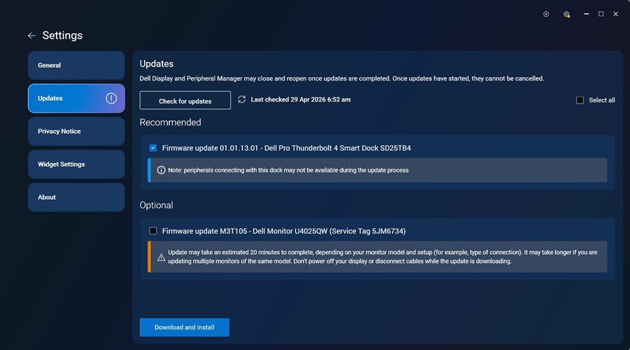 Dell Display and Peripheral Manager,设置,更新部分