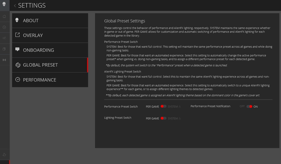 Alienware Command Center，全域預設設定