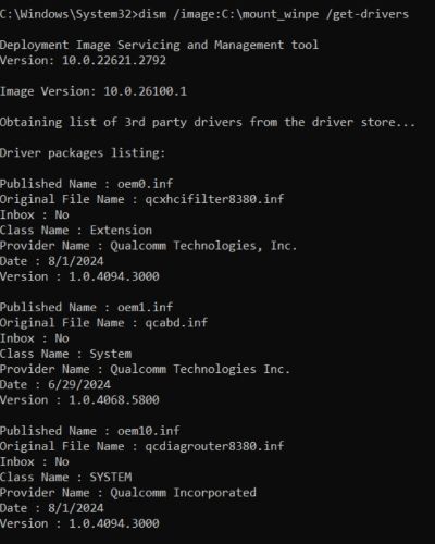 다음과 같이 입력합니다. dism /image:{YourMountFolder} /Get-Drivers