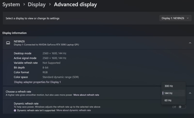 Windows 시스템 설정, 디스플레이, 고급 디스플레이 메뉴