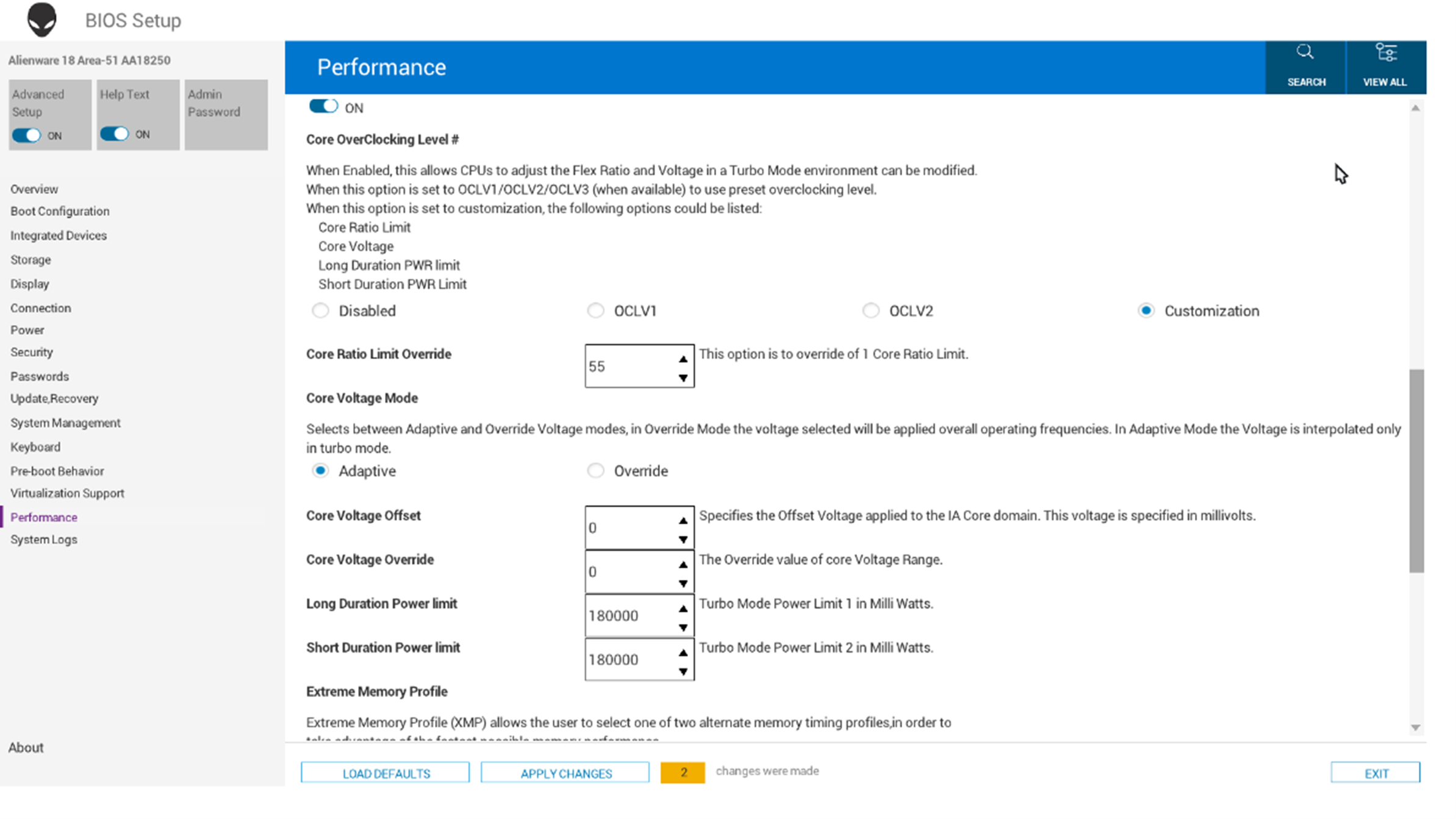 Core OverClocking Level set to Customization