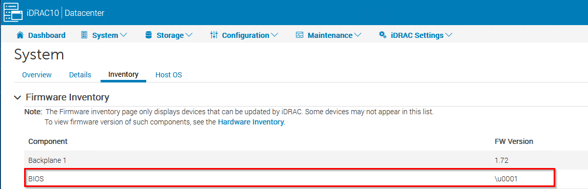 iDRAC10 UI Firmware Inventory Example