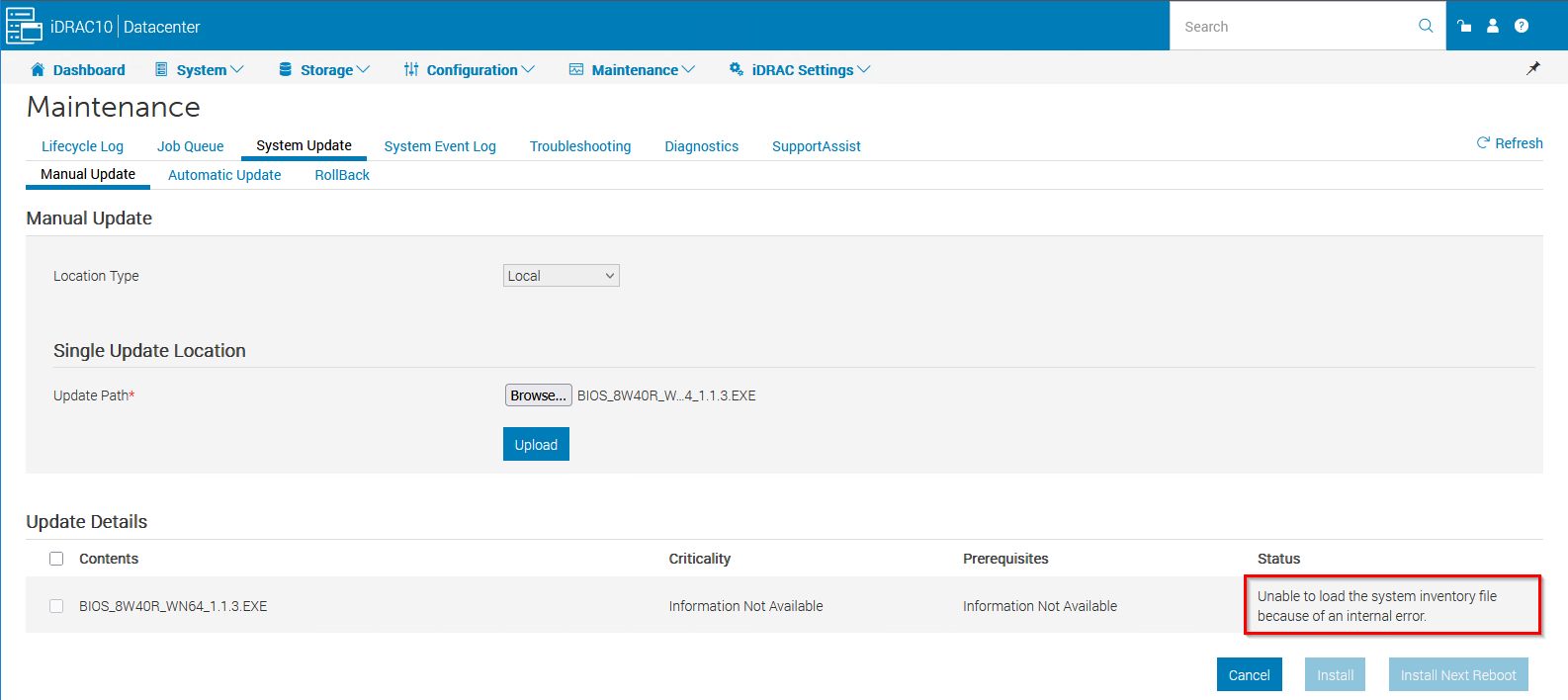 iDRAC10 Manual Update Error Example