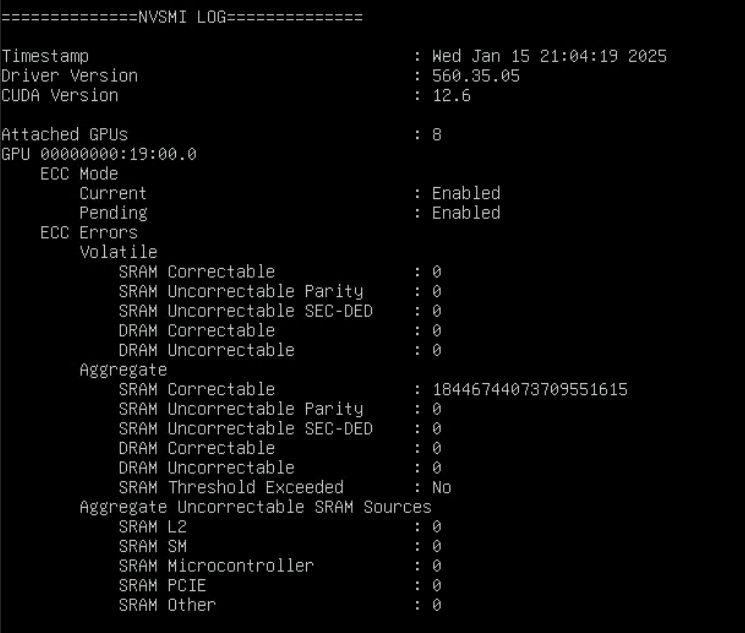 Toplam SRAM düzeltilebilir değeri 18446744073709551615 olan NVSMI günlük çıktısı