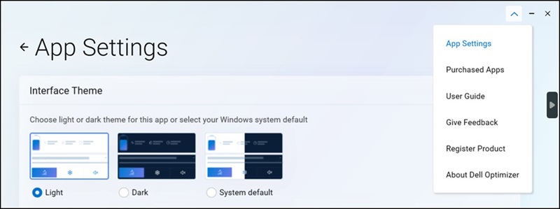 Dell Optimizer 戴尔智能调优软件，应用程序设置，浅色模式