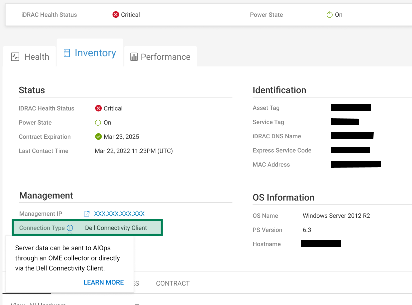Tela Apex AIOps Server Inventory mostrando DCC como o tipo de conectividade