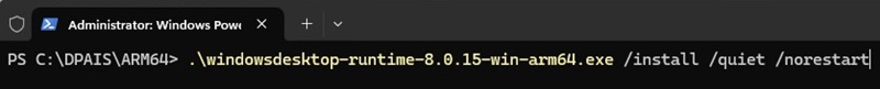 Terminal de Windows, ejemplo de instalación silenciosa de windowsdesktop-runtime