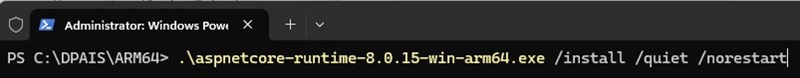 Ejemplo de instalación silenciosa de aspnetcore-runtime en terminal de Windows