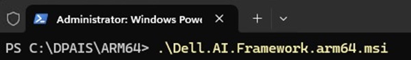 Terminal de Windows, ejemplo de instalación silenciosa de Dell.AI.Framework