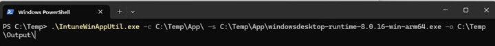 「.\IntuneWinAppUtil.exe -c C:\Temp\App\ -s C:\Temp\App\windowsdesktop-runtime-8.0.16-win-arm64.exe -o C:\Temp\Output\」と入力します。