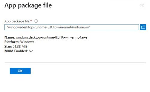 [アプリ パッケージ ファイルの選択] をクリックし、windowsdesktop-runtime-8.0.16-win-arm64.intunewin を見つけます